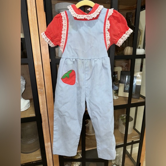 Vintage Strawberry overalls lace toddler girl set jumpsuit top ruffle appliqué - Picture 1 of 8